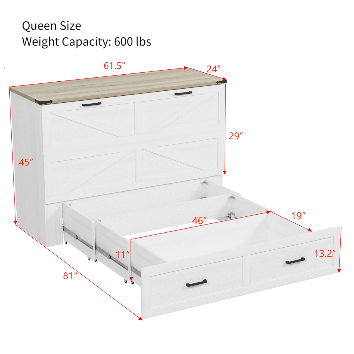 Ball & Cast Queen Murphy Bed with Charging Station,Farmhouse Murphy Cabinet with Large Storage Drawer,Hideaway Bed Foldable Platform Bed for Guest Room, Apartment, White Ball & Cast