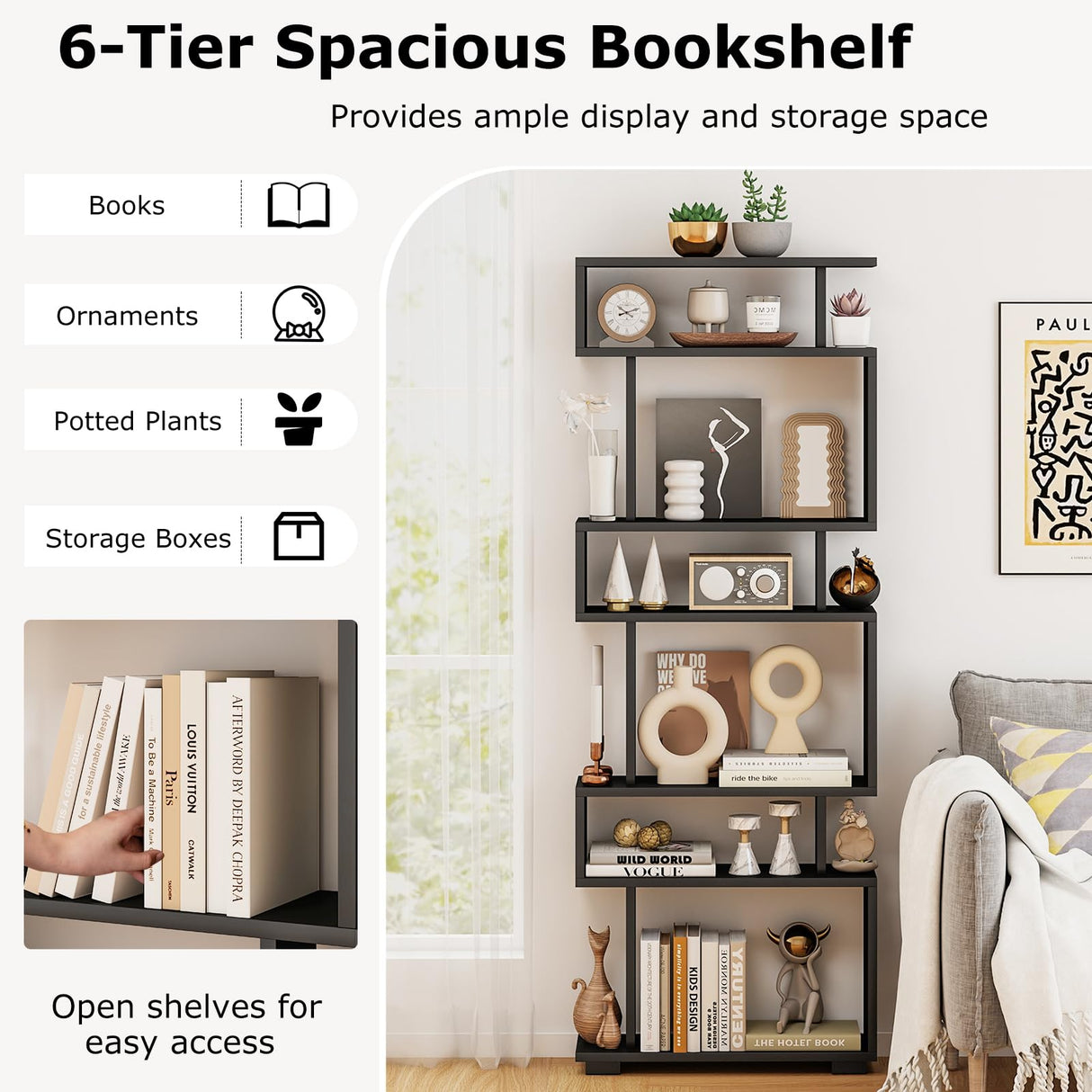 Tangkula 6-Tier S Shaped Bookcase, 64" Tall Modern Geometric Bookshelf with Anti-Tipping Kit, Home Office Freestanding Decorative Storage Display Shelf Room Divider for Living Room Study (1, Black) Tangkula