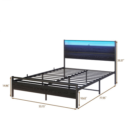 Full Size Bed Frame with Wood Headboard /LED Lights,Platform Bed Frame Full Size with Charging Station,Heavy Duty Metal Bed Frame Full Slats,No Box Spring Needed,Mattress Base,Noise Free,Black