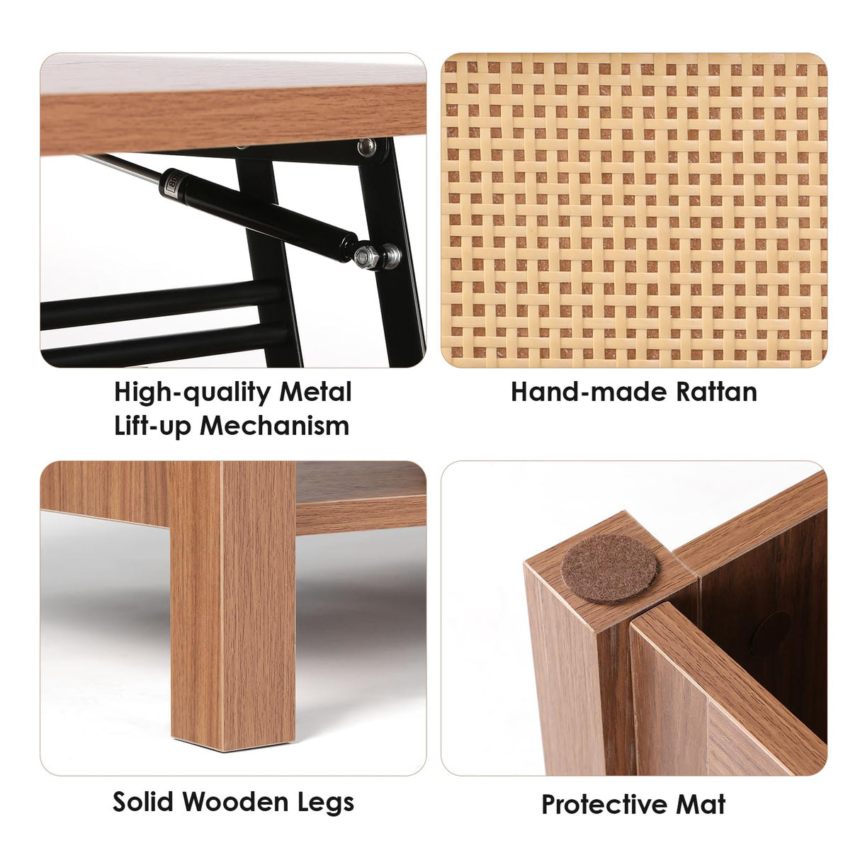 VOWNER Wood Lift Top Coffee Table with Large Hidden Compartment, Rattan Decorated Dining Table for Home Small Space, Bohemian Coffee Table with Storage for Home Living Room, Home Office, Espresso VOWNER