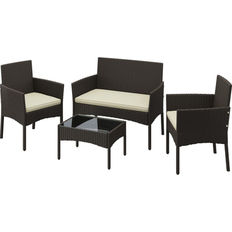 Yaheetech Patio Furniture Set 4 Pieces Conversation Sets, Rattan Chair Wicker Set Loveseat with Soft Cushion and Glass Table for Backyard Porch Garden Poolside Balcony, Brown and Beige Yaheetech
