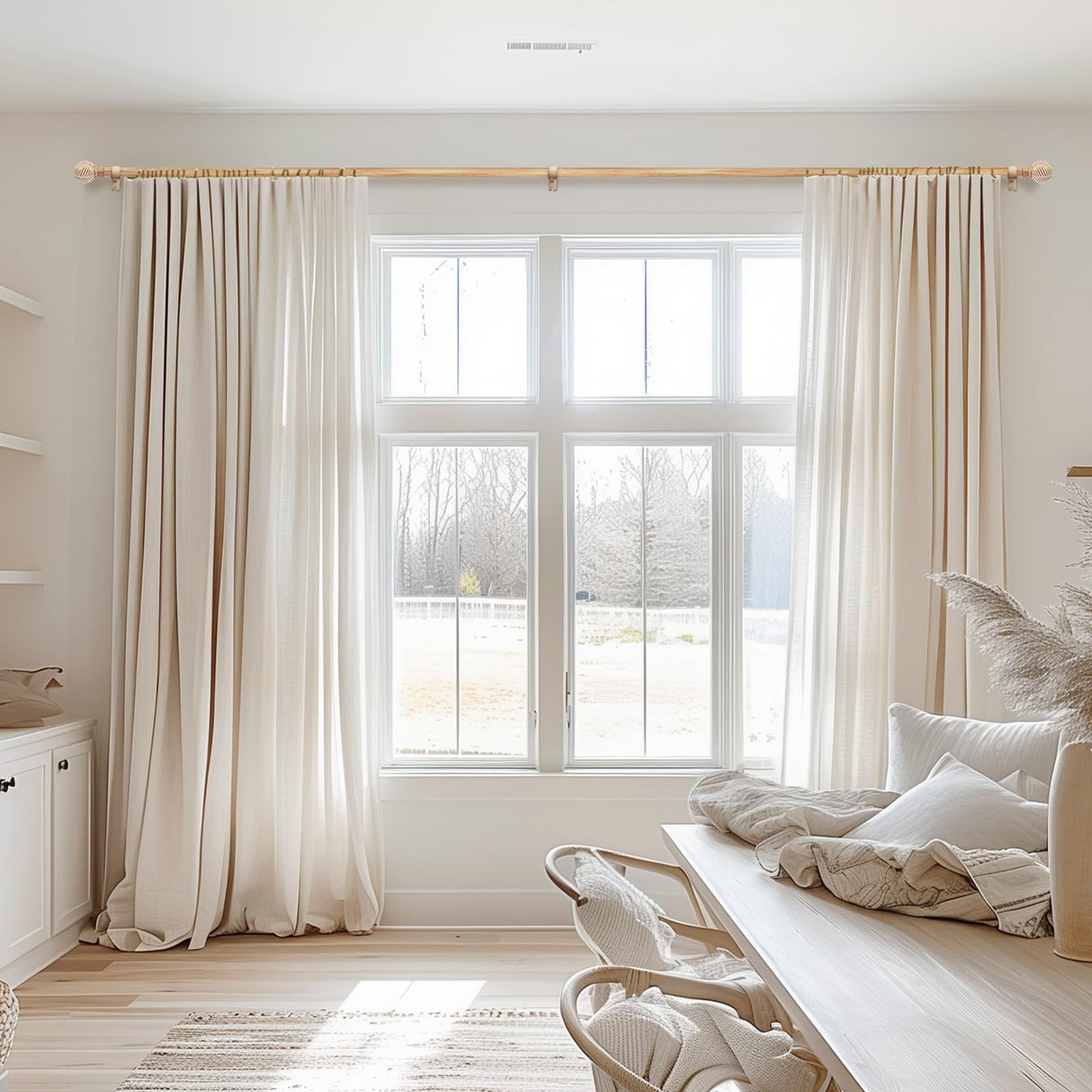 Wood Curtain Rods for Windows 66 to 120, 1 Inch Curtain Rod Set, Heavy Duty Drapery Rods with Imitation Wood Grain Leaf Pattern Finials, Indoor/Outdoor Modern Curtain Rod, 32"-120", Brown zeerobee