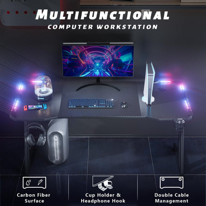 HLDIRECT 55 Inch Gaming Desk with LED Lights Carbon Fibre Surface Gaming Table Large Computer Desk Ergonomic Home Office Desks Z Shaped PC Gamer Workstations with Cup Holder & Headphone Hook  - WoodArtSupply