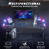 HLDIRECT 63 Inch Gaming Desk with LED Lights Carbon Fibre Surface Gaming Table Large Computer Desk Ergonomic Home Office Desks Z Shaped PC Gamer Workstations with Cup Holder & Headphone Hook Black HLDIRECT
