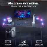 HLDIRECT 47 Inch Gaming Desk with LED Lights Carbon Fibre Surface Gaming Table Large Computer Desk Ergonomic Home Office Desks Z Shaped PC Gamer Workstations with Cup Holder & Headphone Hook HLDIRECT