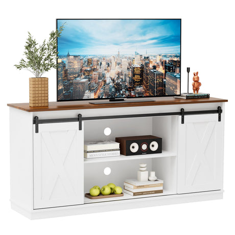 Sweetcrispy Farmhouse TV Stand 65 Inch for Living Room Bedroom White, Tall Entertainment Center with Storage Shelves, Media Console Cabinet with Wood Board, 300 LBS Capacity, and Sliding Barn Door Sweetcrispy