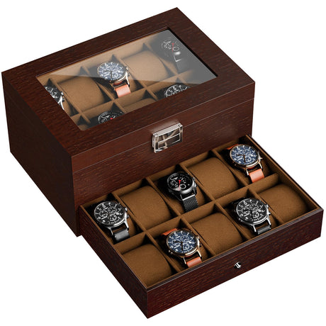 ProCase 20 Slots Lacquered Finish Wooden Watch Box for Men, Large Watch Organizer with Glass Top, 2-Tier Display Case for Wristwatch Storage -Espresso ProCase