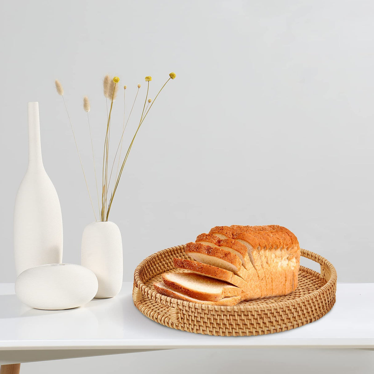 Whalehub Round Rattan Serving Tray with Handles,2 Hand Woven Basket, Home Decor Organizer Tray for Breakfast, Tea, Snack, Fruit, Coffee, Storage (Large + Medium)(14.17inchX2.3inch+11.9inchX1.7inch Whalehub