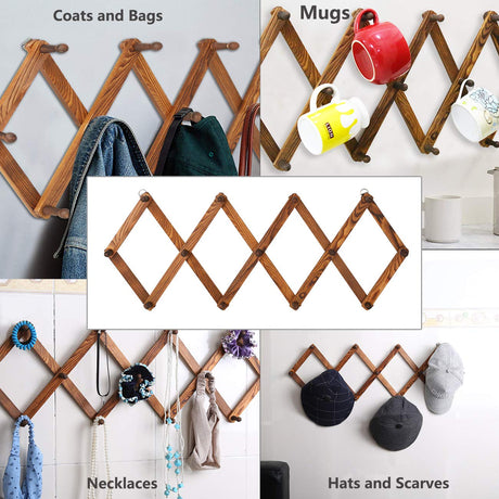 Homode Vintage Wood Expandable Peg Rack- Multi-Purpose Accordion Wall Hangers with 13 Hooks for Hats, Coat, Mugs, Scarf, Jewelry Storage Homode