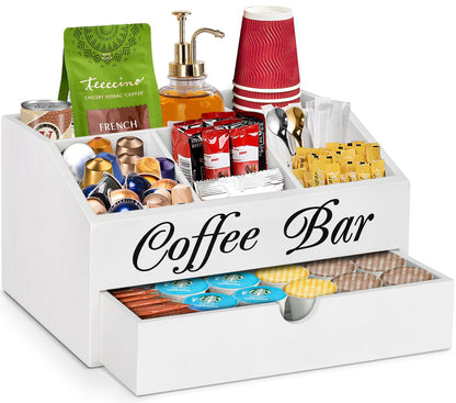 Coffee Bar Organizer Countertop, Wooden Coffee Bar Accessories Organizer With Drawer, Coffee Station Organizer Coffee Pods Holder Storage Basket, Farmhouse Coffee and Tea Condiment Organizer  - WoodArtSupply