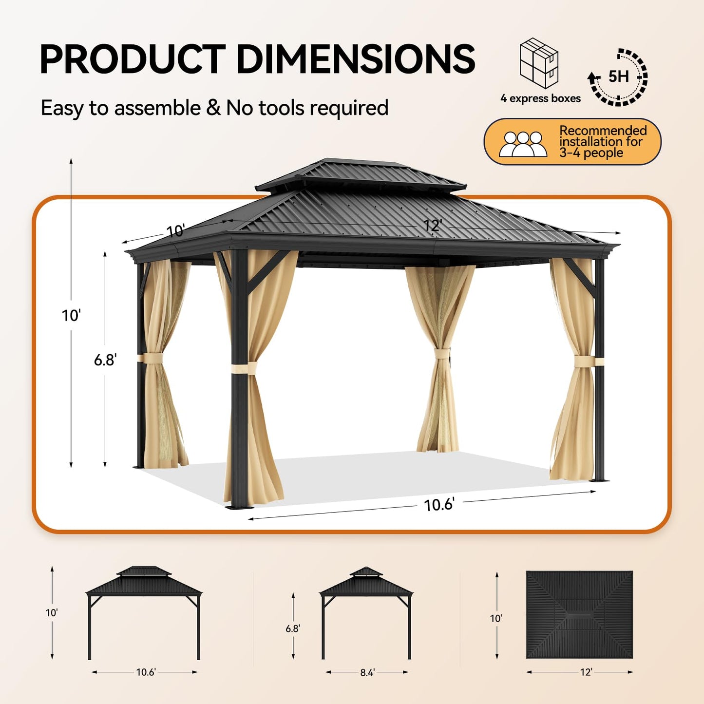 10' X 12' Outdoor Hardtop Gazebo Wooden Finish Coated Aluminum Frame Gazebo with Galvanized Steel Double Roof Permanent Metal Pavilion with Curtains and Netting - Wood Brown