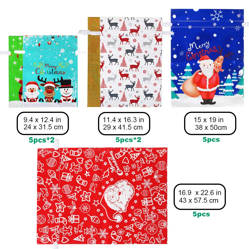 HRX Package Holiday Drawstring Gift Bags, 30pcs Christmas Foil Gift Wrapping Sacks Pouches for Xmas Presents Party Favor (Large Medium Small) HRX Package