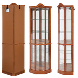 QSOSTNS Lighted Corner Display Curio Cabinet Curved Wood Corner Cabinet with Tempered Glass Doors and Shelves for Living Room (Oak) QSOSTNS