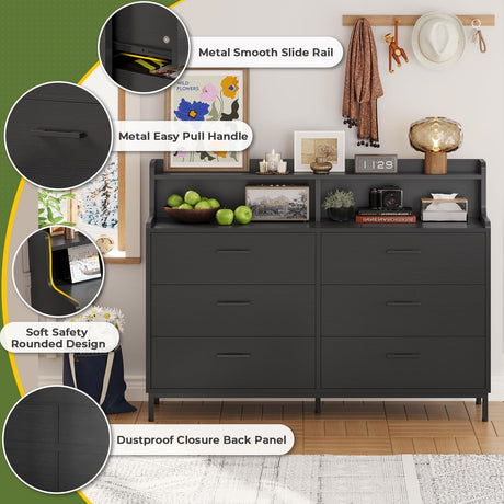 Hasuit 6 Drawers Double Dresser with Shelves, Large Wooden Storage Tower Organizer, Wide Chest of Drawers, Black Dresser for Bedroom, Living Room, Hasuit