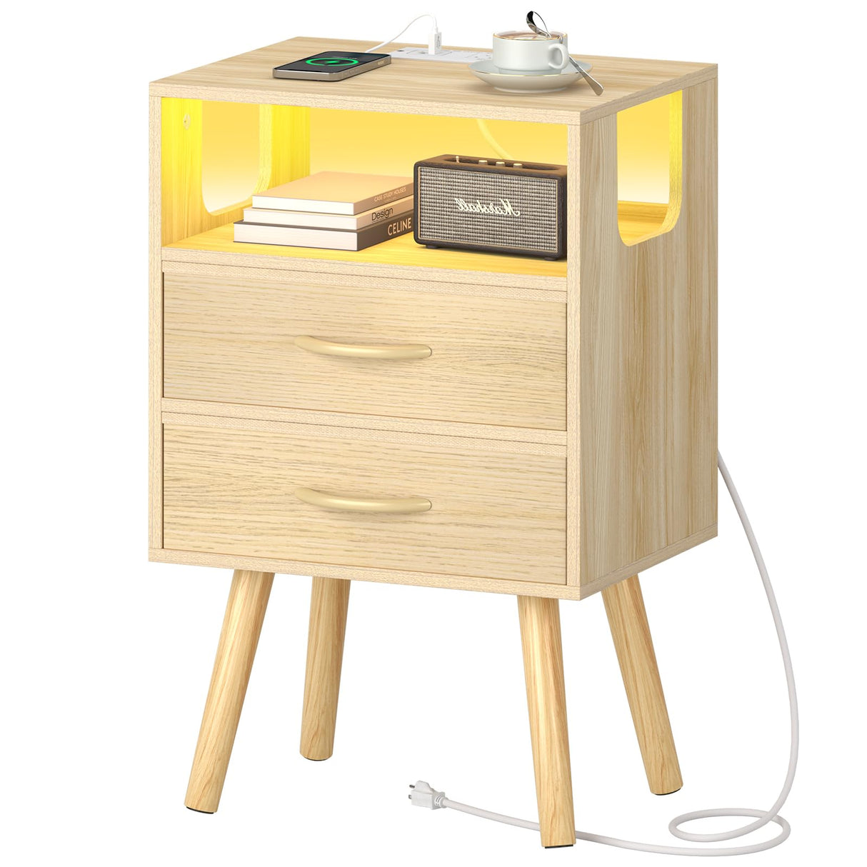 Yoobure LED Night Stand with Charger Station, Mid Century Modern Nightstand with Fabric Drawers, Bedside Table Nightstands with Storage Shelf, Bed Side Table Small Night Stands for Bedroom Living Room Yoobure