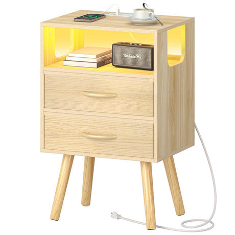 Yoobure LED Night Stand with Charger Station, Mid Century Modern Nightstand with Fabric Drawers, Bedside Table Nightstands with Storage Shelf, Bed Side Table Small Night Stands for Bedroom Living Room Yoobure