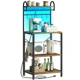 YATINEY Bakers Rack with Power Outlets and Led Lights, 4-Tier Microwave Stand, Coffee Bar Station, Kitchen Storage Shelf, Kitchen Spice Rack with S-Shaped Hooks, for Pots and Pans, Rustic Brown HB20BR YATINEY