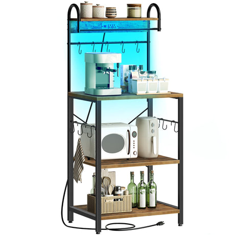 YATINEY Bakers Rack with Power Outlets and Led Lights, 4-Tier Microwave Stand, Coffee Bar Station, Kitchen Storage Shelf, Kitchen Spice Rack with S-Shaped Hooks, for Pots and Pans, Rustic Brown HB20BR YATINEY