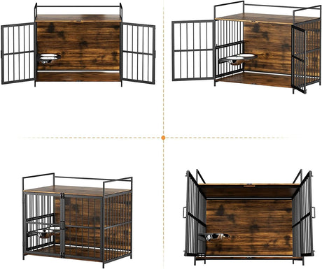 ROOMTEC Furniture Style Large Dog Crate with 360° & Adjustable Raised Feeder for Dogs 2 Stainless Steel Bowls -End Table House Pad, Indoor Use,41" L X 24" W 36" H, Classic Brown ROOMTEC