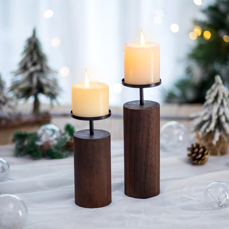 Pillar Candle Holder Farmhouse Decor - Romadedi Rustic Set of 2 Wood Decorative Wooden Cabin Candle Stand for Fireplace Christmas Table Centerpiece Living Room Decoration Wedding Romadedi