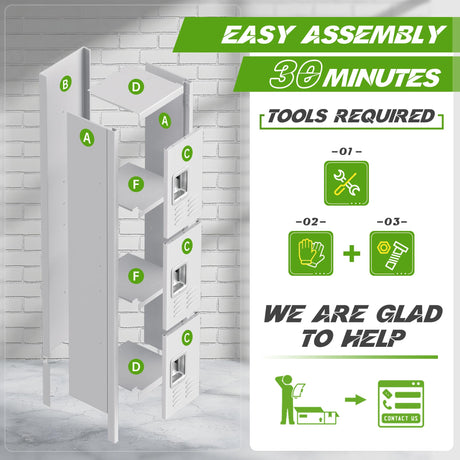 Pataku Metal Lockers for Employees, 3-Tier Storage Locker, Steel Locker Cabinet for School, Home, Gym, Office, Garage with Mirrors, Screwdriver, Gloves, Hooks, Unassembled (Grey,3-Tier) Pataku