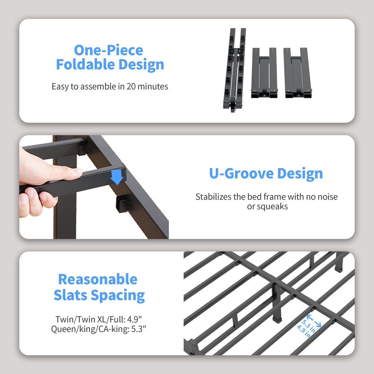 ROIL 14 Inch Twin Size Bed Frame with Mattress Slide Stopper - Single Black Basic Anti Squeak Steel Slats Metal Platform, Heavy Duty Noise Free Easy Assembly Bedframes, No Box Spring Needed ROIL