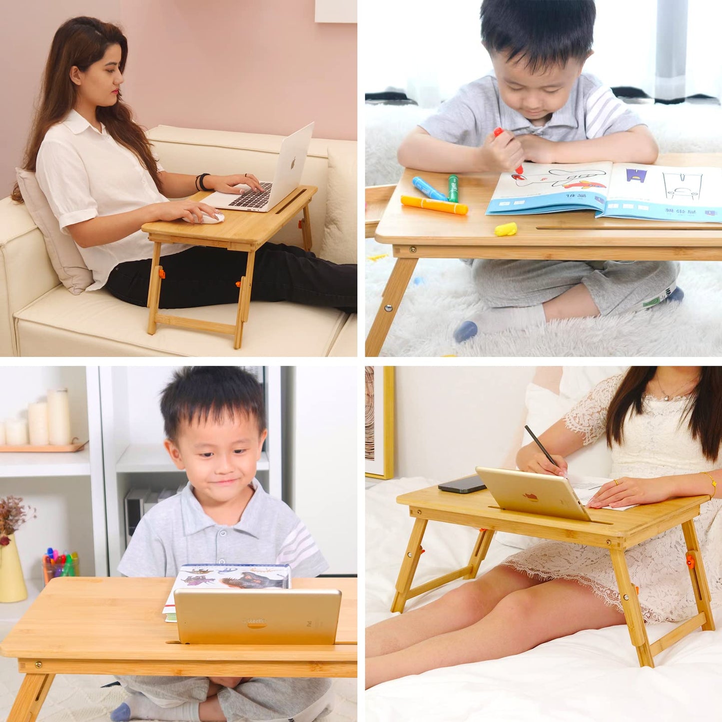 Laptop Lap Desk, COIWAI Laptop Bed Tray Table, Bamboo Adjustable Height, with Tablet Phone Hold Slot, Drawer, Foldabespecially Recommended as a Table for Children,Elementary School Students - WoodArtSupply