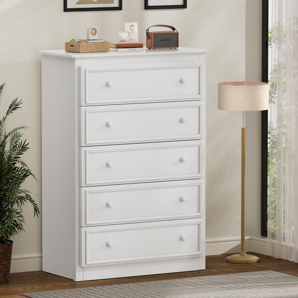 KSOBEBVT 5 Drawer Dresser, Tall Wooden Chest of Drawers for Bedroom, Closet Storage Cabinet and Organizer Drawers for Living Room Hallway Entryway, 15.7" D x 31.5" W x 45.7" H (White) KSOBEBVT