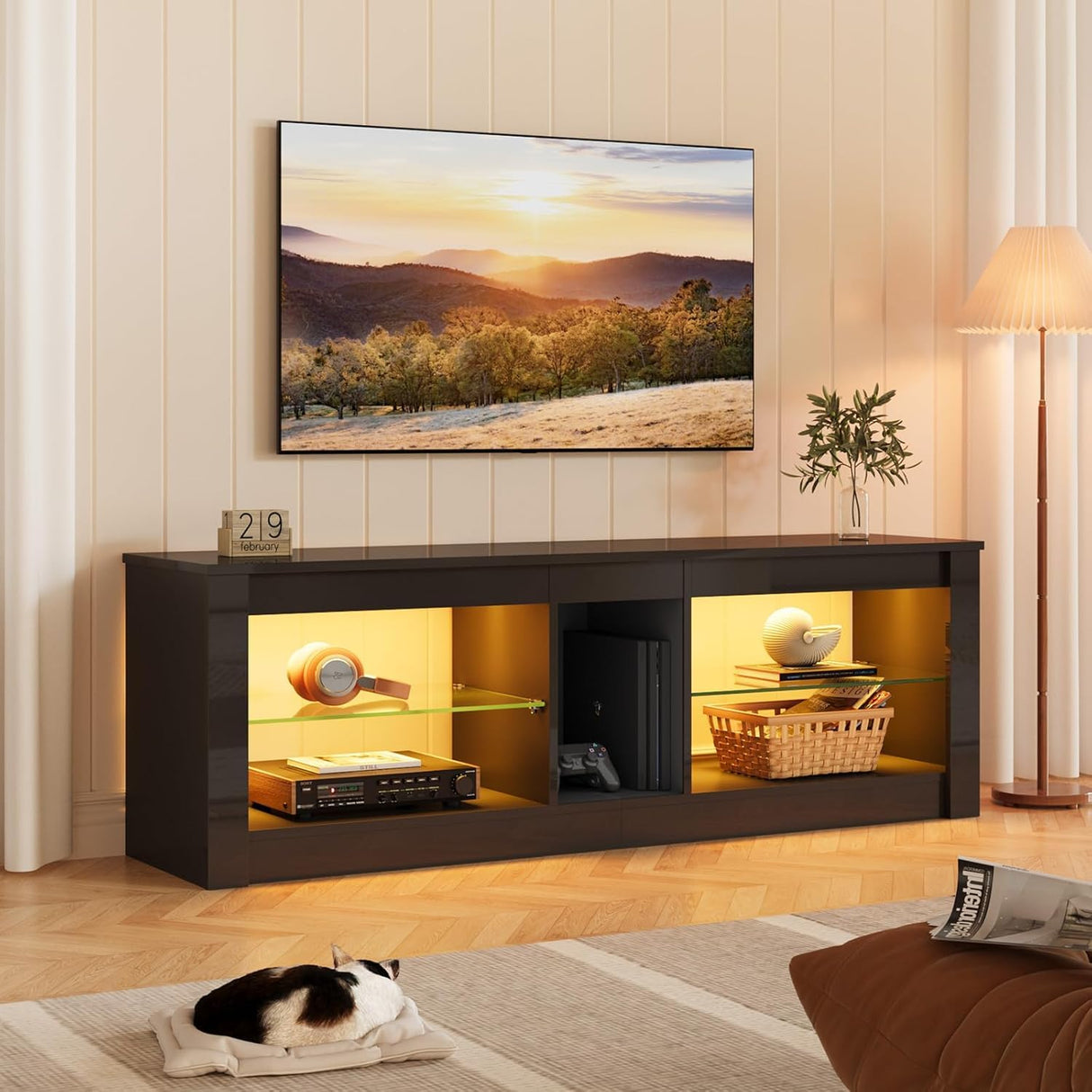 Bestier Modern TV Stand for 55 60 inch TV with LED Lights, High Gloss Entertainment Center TV Console Table with Storage Shelves for Living Room, Glossy Black Bestier