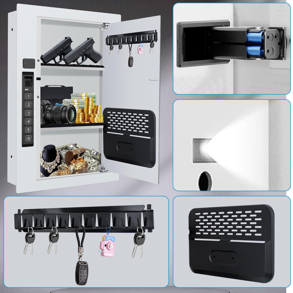 Wall Safe,Hidden Gun Safe Between Wall Studs with Battery Display&Type-C Port, with Document Organizer/Removable shelves/Key hook–Protect Valuables,Handgun, Jewelry, Documents,Cash (Digital Keypad) LANGGER V