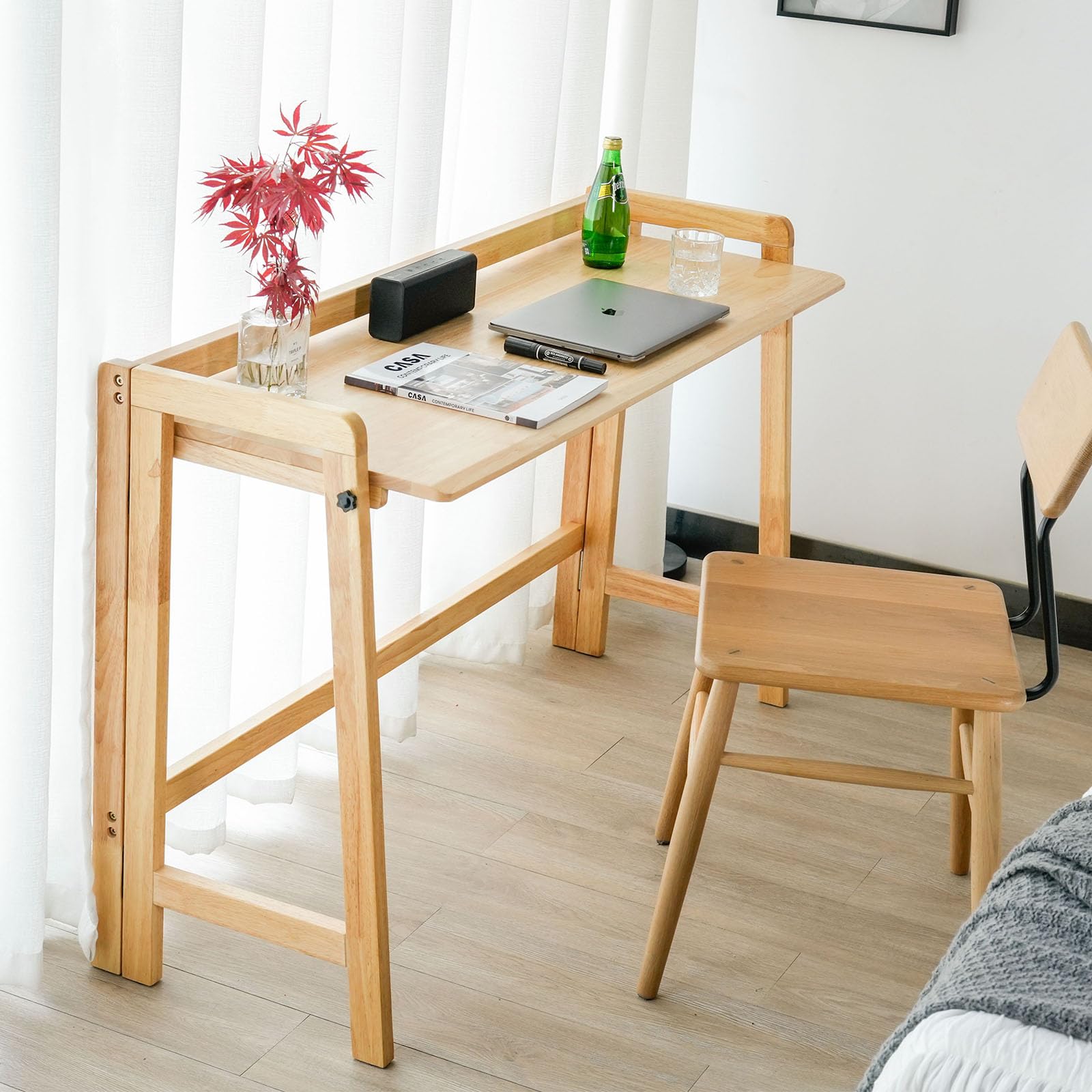 Cttasty Computer Desk, Foldable Desk, Home Office Desks, Solid Wood Writing Desk, Mid Century Modern Desks, Oak Study Table, Folding Desks for Small Spaces, 39.4 W x 27.6 H x 13.6 D Inches, N - WoodArtSupply