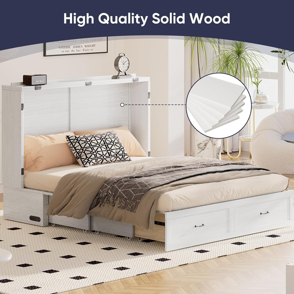 ijuicy Queen Size Murphy Bed with Foldable Foam Mattress, Cube Cabinet Bed with Multifunctional Charging Station & Extra Large Storage Drawers, Space-Saving Hideaway Bed for Guests-Pure White ijuicy