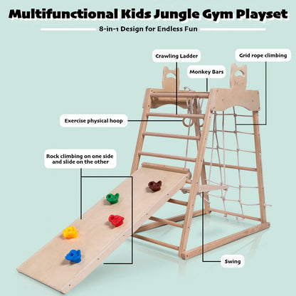 Ascism Jungle Gym Indoor (8 in 1) Wooden Indoor Playground, Toddler Wooden Climbing Toys, Montessori Playset, Gym with Slide, Climbing Net, Swing, Tent, Gymnastics Ring…