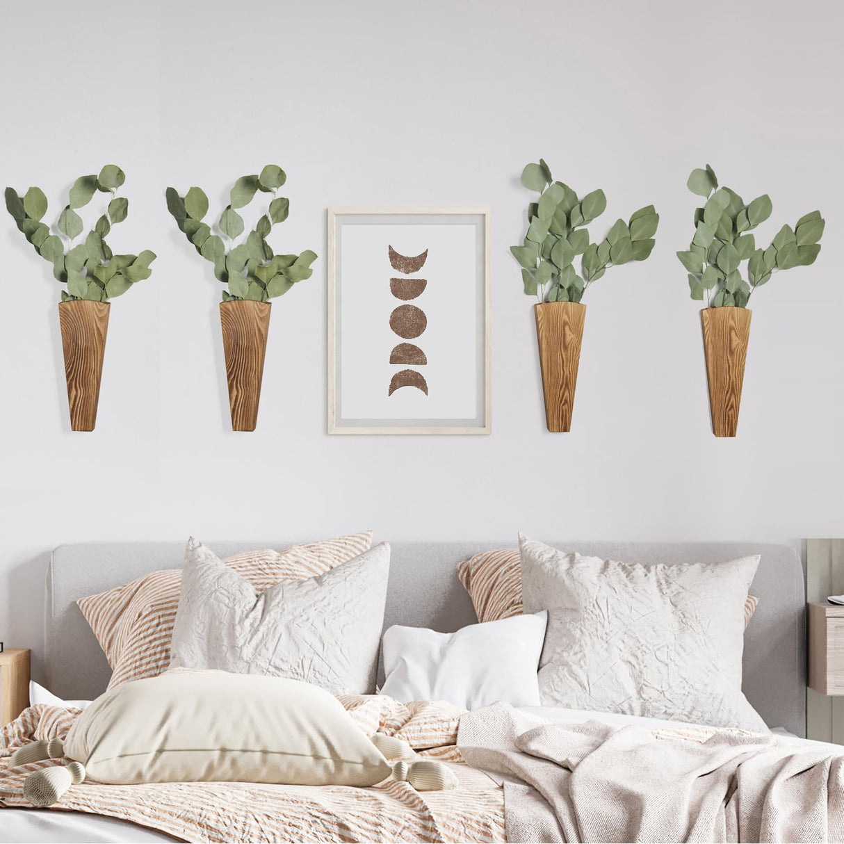 Mokof 4 Pack Wood Wall Planter for Indoor Plants, Wooden Pocket Vase for Dried Flowers and Eucalyptus Stems, Modern Farmhouse Wood Wall Decor for Living Room, Bedroom, Bathroom, Home Office Mokof