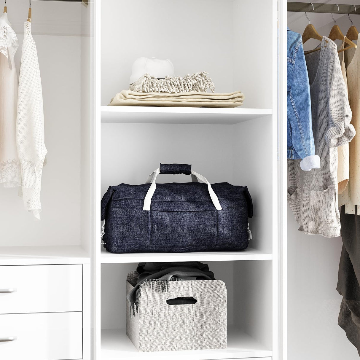 Homsee Extra Large White & Silver Sliding Glass Door Wardrobe Armoire with 2 Hanging Bars and 6 Drawers Homsee