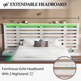 LUXOAK Distressed White Farmhouse Queen Floating Bed Frame with LED Lights & Charging Station LUXOAK