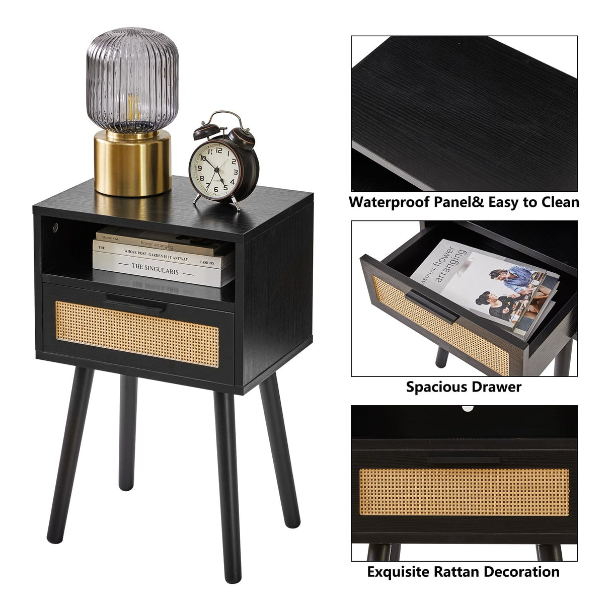 IBUYKE Rattan Nightstand, Boho Side Table with Drawer Open Shelf, Wood Accent Bedside Table, End Table with Legs for Bedroom, Living Room and Small Spaces, Black UWNS009B IBUYKE