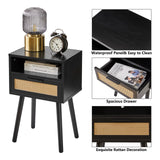 IBUYKE Rattan Nightstand, Boho Side Table with Drawer Open Shelf, Wood Accent Bedside Table, End Table with Legs for Bedroom, Living Room and Small Spaces, Black UWNS009B IBUYKE