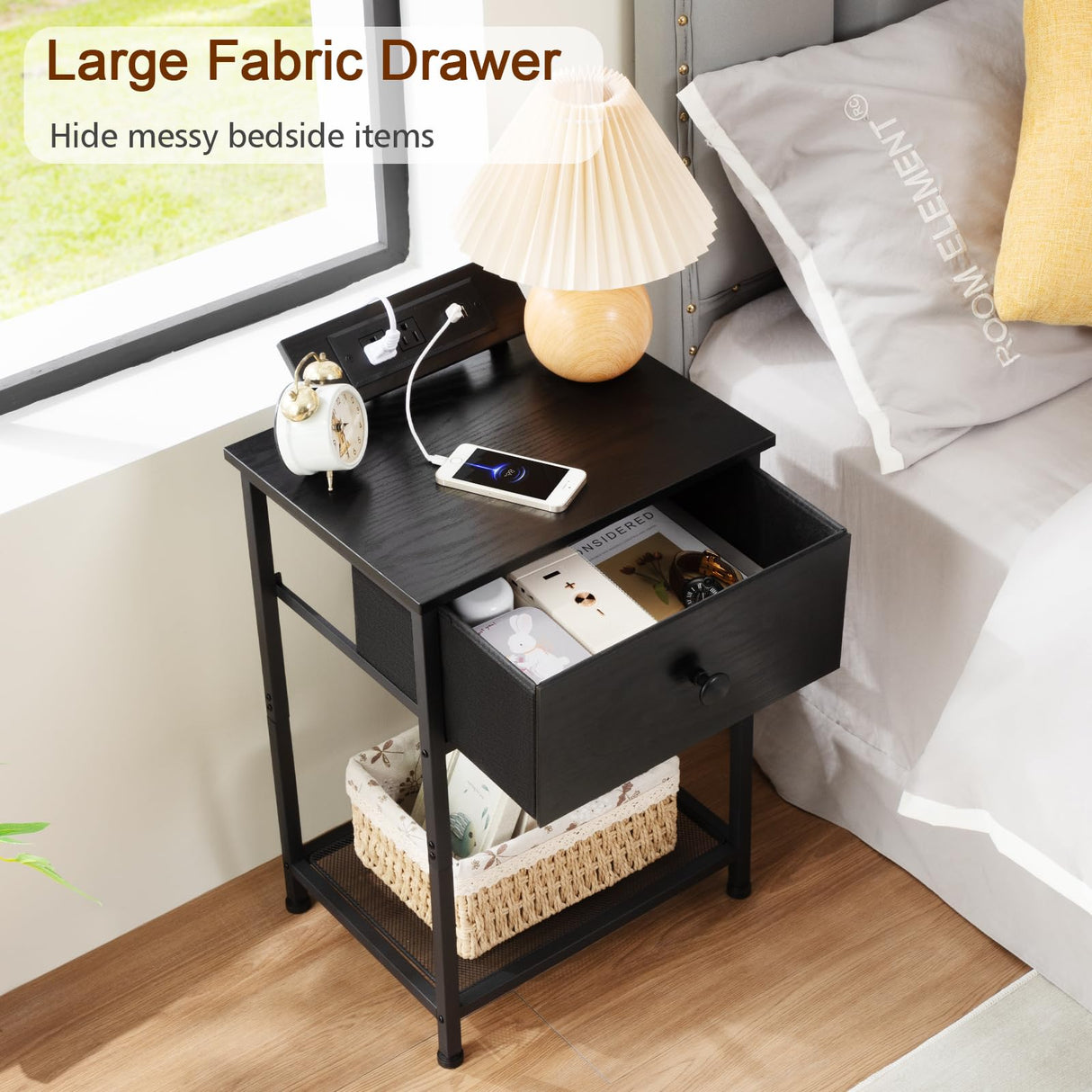 AMHANCIBLE Night Stand, Black Nightstand Set of 2, Small End Tables Living Room with Charging Station, Slim Bed Side Table with Fabric Storage Drawer for Bedroom, Small Space, HET03SDPBK AMHANCIBLE