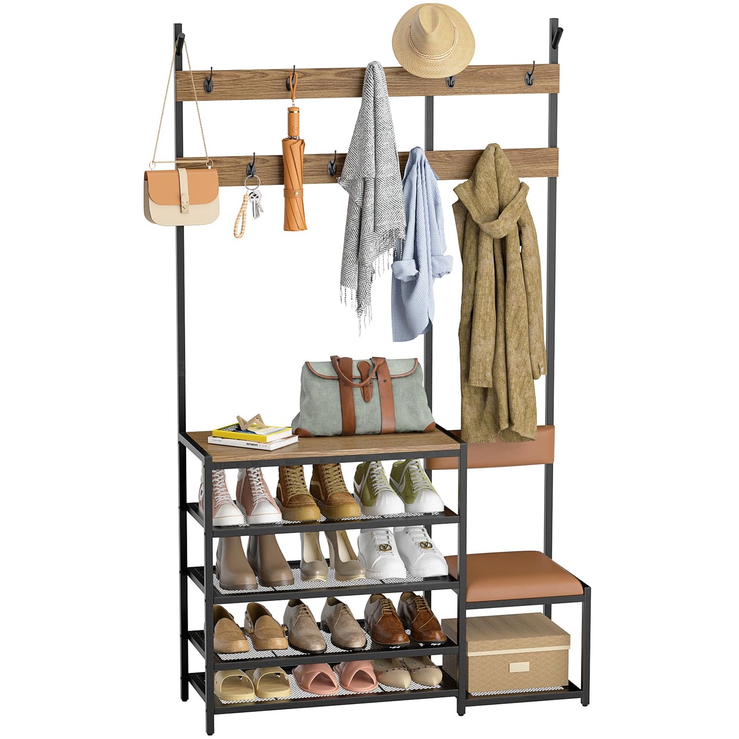 ROOMTEC Coat Rack Shoe Bench,Hall Tree with Shoe Bench for Entryway,Pipe Style Hall Tree with 9 Hooks,Multifunctional Entryway Coat Rack,Wood Look Accent Furniture with Metal Frame - WoodArtSupply