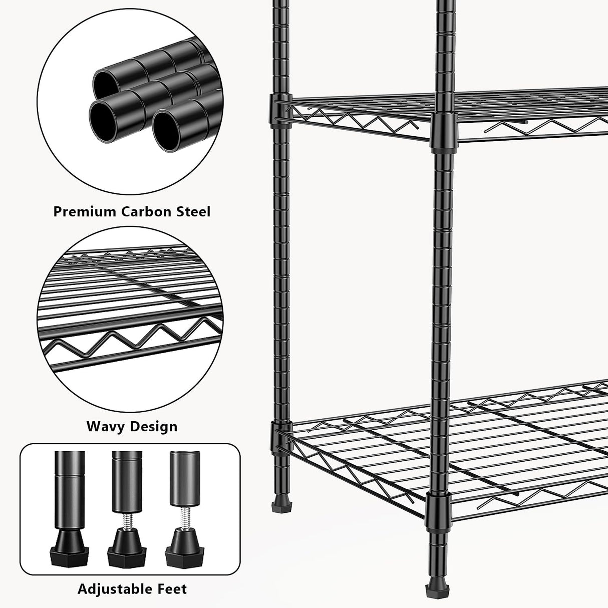 M MZG 1250 lbs 5 Tier Shelf Metal Storage Shelves Wire Rack Closet Organizers with Wheel for Garage Kitchen Bathroom Laundry Black 13.7" D x 23.6" W x 62.4" H M MZG