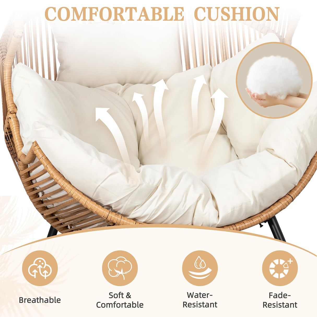 Vongrasig Wicker Rocking Egg Chair PE Rattan with Cushion, Oversized Patio Lounge Rocker Chair for Outdoor, Indoor, Balcony, Backyard, Garden, Beige Vongrasig