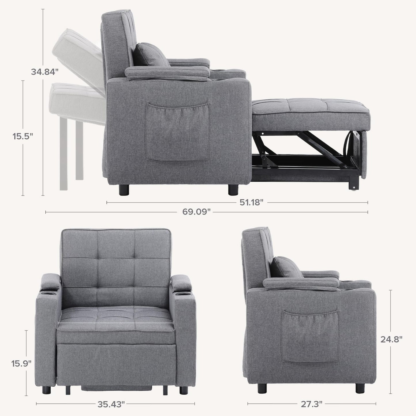 COMHOMA Sleeper Chair Bed, Convertible Sofa Bed Armchair with Cup Holders, 3-in-1 Futon Bed Chair with Side Pocket Pull Out Sofa Bed Couch for Living Room, Bedroom (Grey)