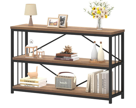 IBF 3 Tier Bookshelf Storage Organizer, Industrial Short Wide Open Horizontal Bookcase, Farmhouse Low Wood Metal Book Shelf for Office, Modern Vintage Etagere in Bedroom Living Room, Rustic Oak, 47 In IBF