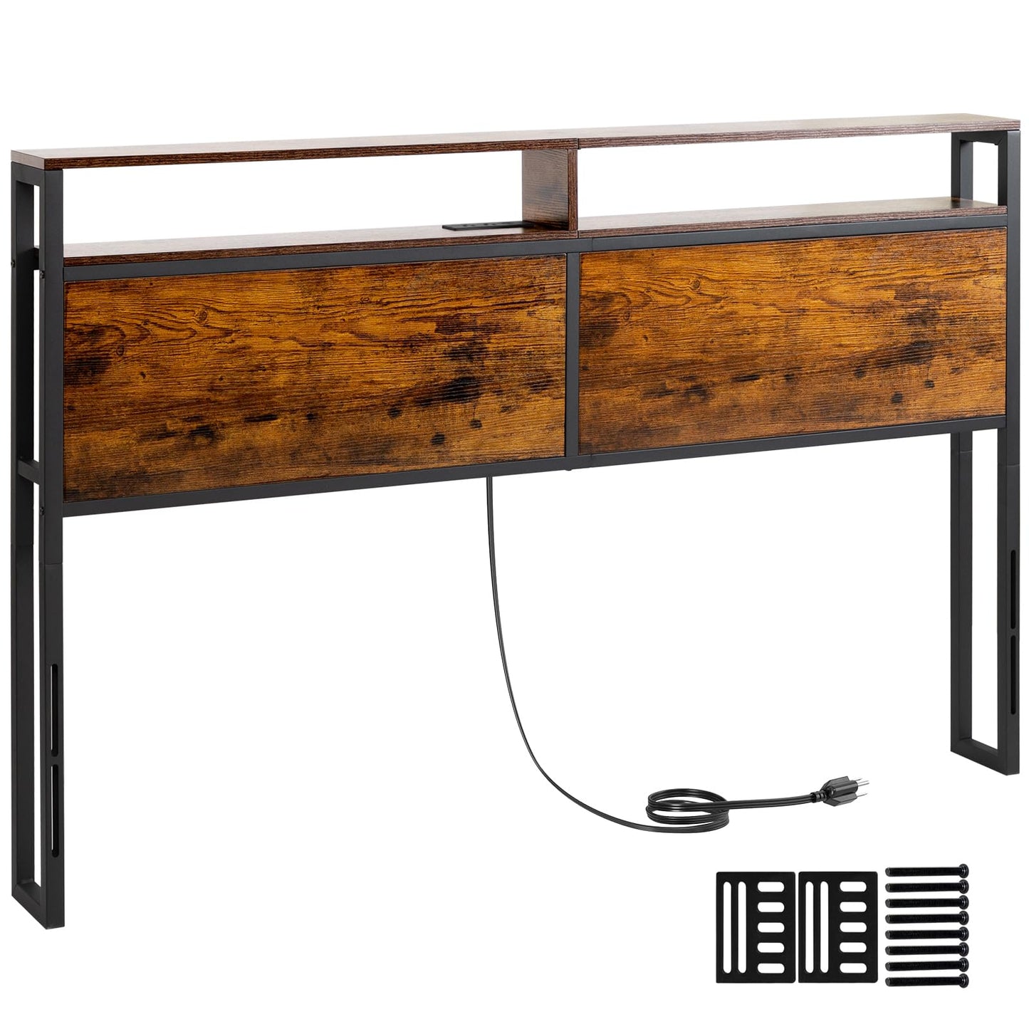 LOAKEKEL Rustic Brown Queen Size Headboard with Charging Station and Adjustable Height - WoodArtSupply