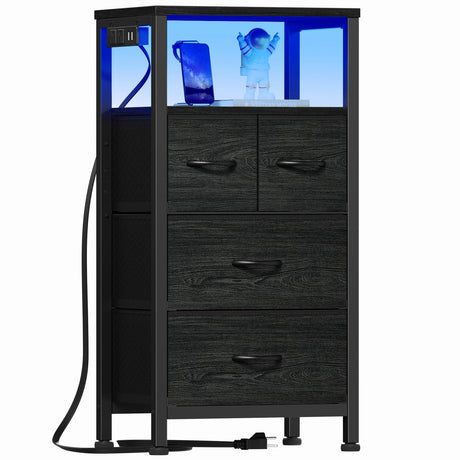 Furnulem Tall Night Stand with Charging Station and Led Light, Small Dresser with Open Shelf and 4 Storage Drawers, Black Side Table Fabric Nightstand for Bedroom, Entryway, Bedside Furniture Furnulem