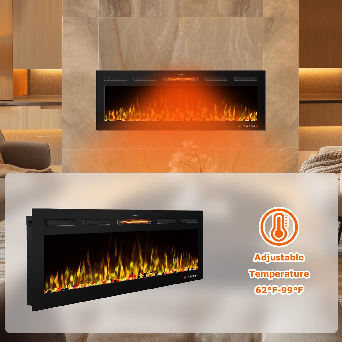 VINEMOUNT 72" Smart Electric Fireplaces Inserts, Remote & Touch Screen & APP Control, Recessed & Wall-Mounted Fireplace Heater with Thermostat,Multi-Color Flames…