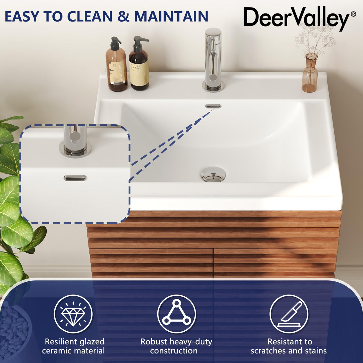 DeerValley DV-1BV0151NW 24" Bathroom Vanity with Ceramic Sink Top, Pre-Assembled Mid-Century Wood Bathroom Cabinet Sink Combo in Walnut White Deer Valley