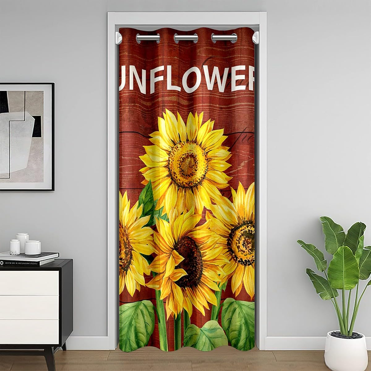 Erosebridal Sunflower Door Curtain,3D Floral Blackout Curtain,Yellow Flowers Doorway Curtain,Rustic Farmhouse Room Divider Curtain,Red Wooden Board Botanical Closet Door Cover Curtain 34" W X - WoodArtSupply