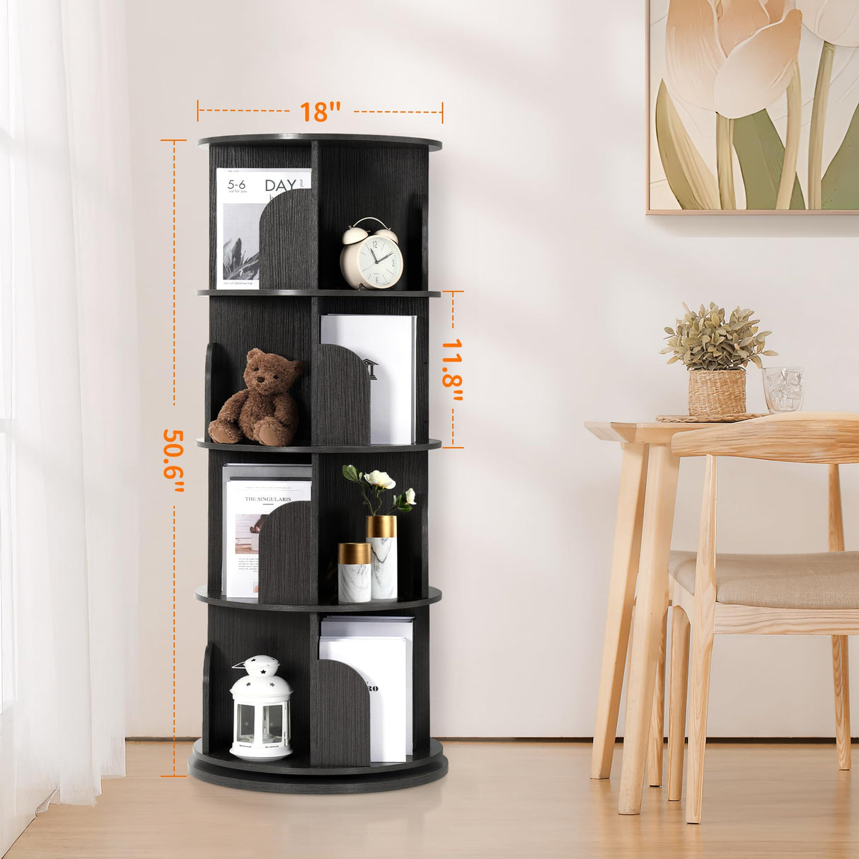 Rengue Rotating Bookshelf Tower, 4 Tiers 360 Spinning Bookshelf Revolving Bookcase Corner Bookshelf Organizer Display Bookshelf, 18" Wide, Grey Rengue